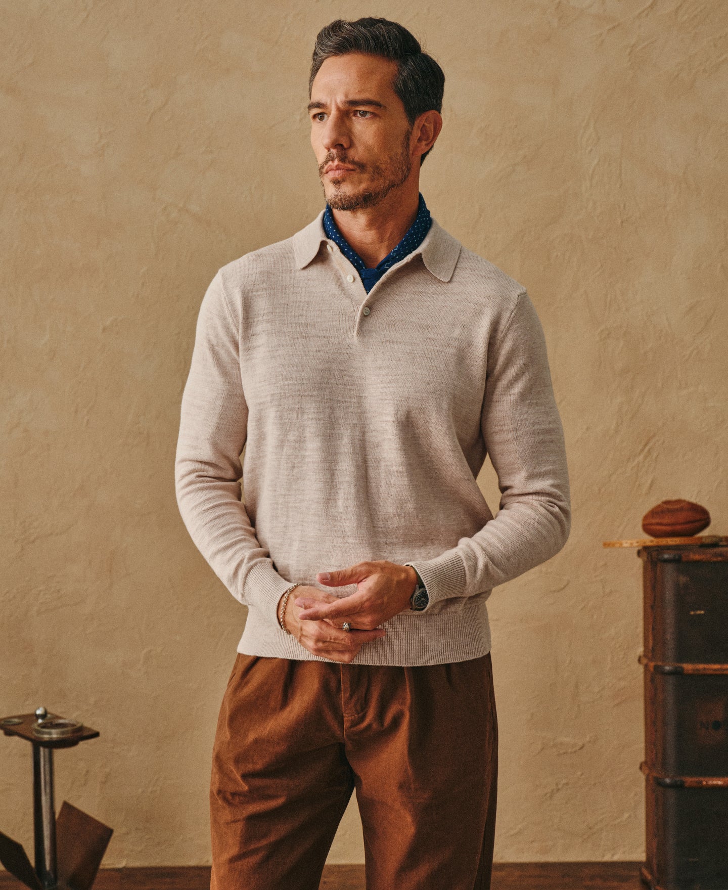 Slub Cotton Long Sleeve Knit Polo