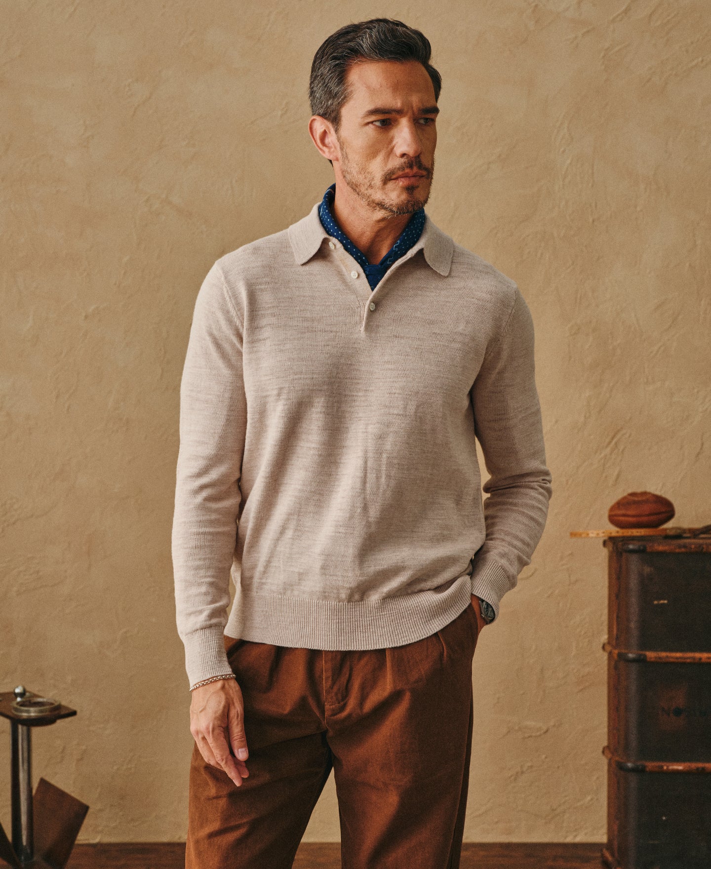 Slub Cotton Long Sleeve Knit Polo