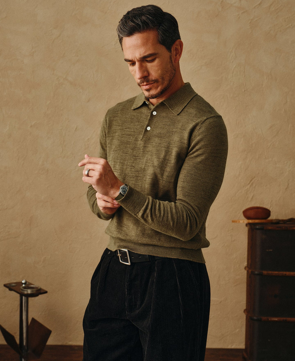 Slub Cotton Long Sleeve Knit Polo