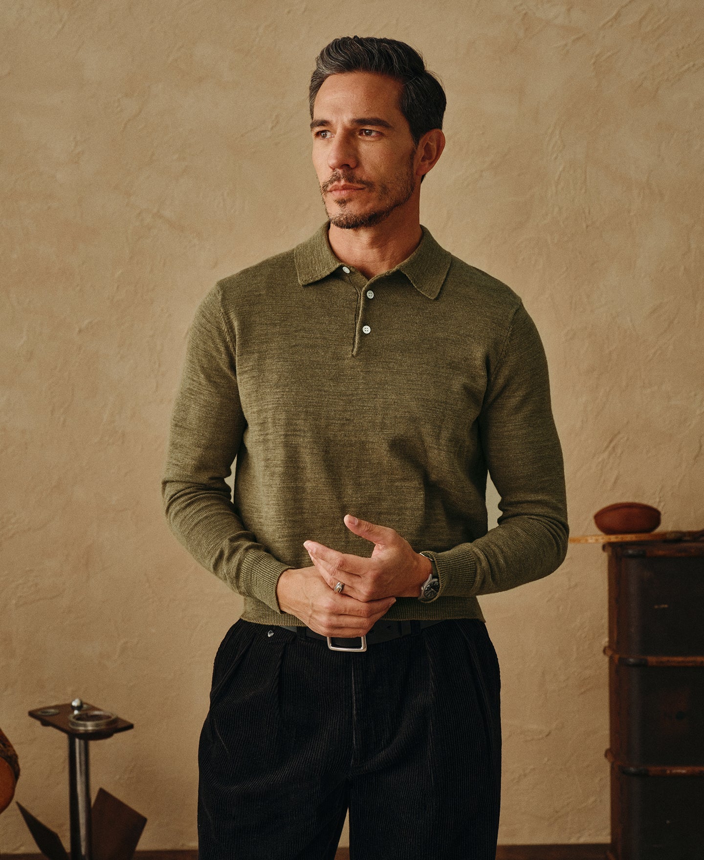 Slub Cotton Long Sleeve Knit Polo