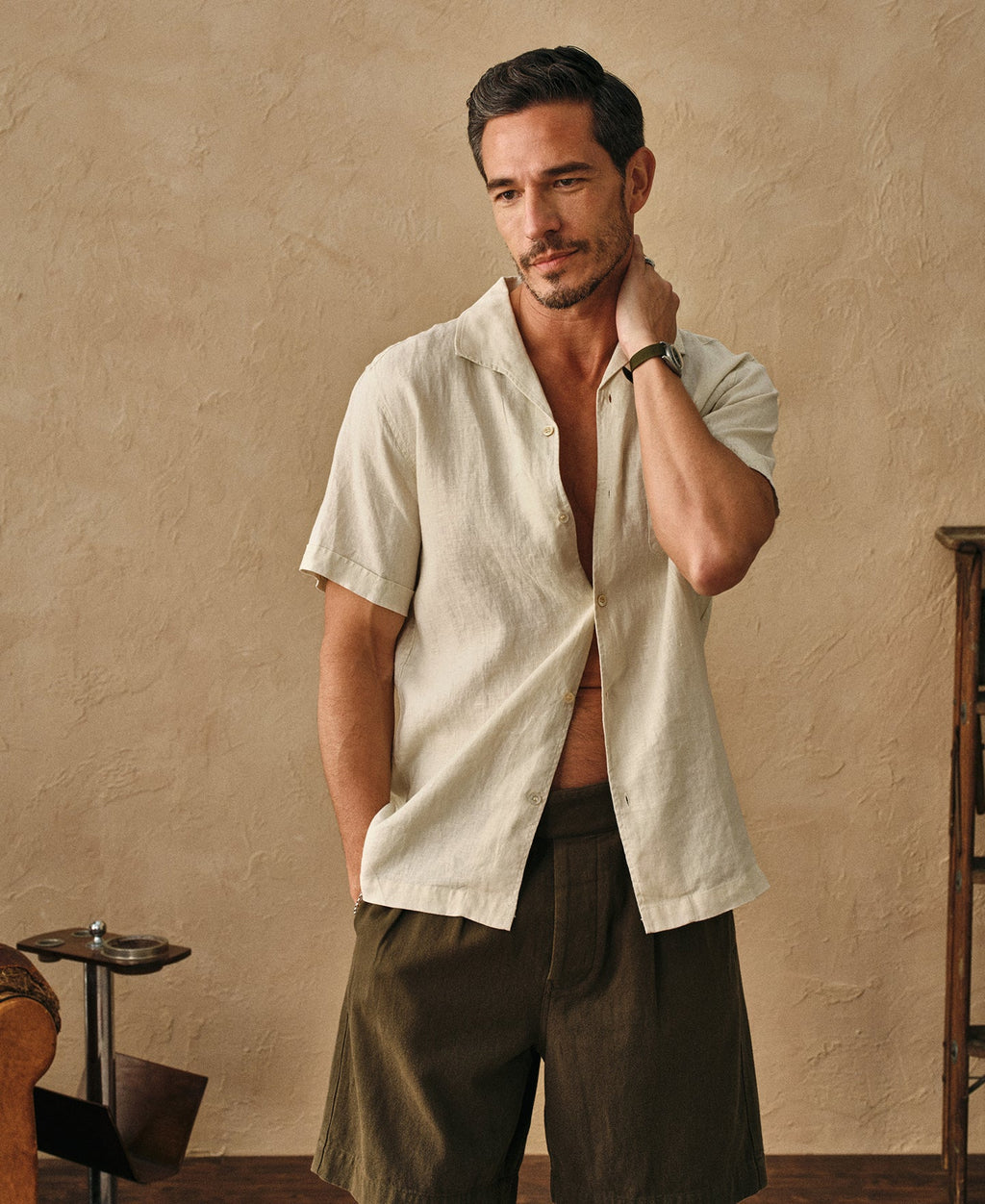 1950s Italian Collar Linen Short Sleeve Shirt