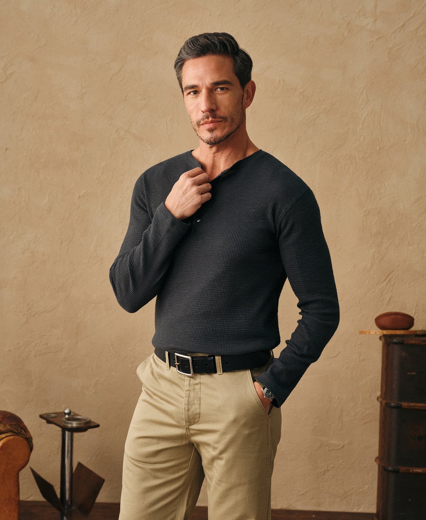 Honeycomb Waffle Knit Henley Long Sleeve T-Shirt