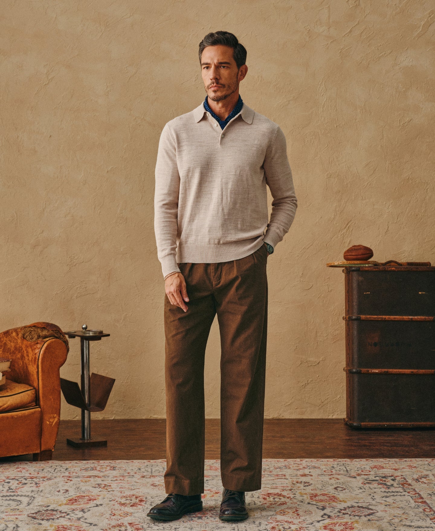 Slub Cotton Long Sleeve Knit Polo